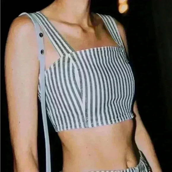 Zara Stripped Denim Crop Top Blue Navy White Square Neckline Side Zipper Size  S - Picture 3 of 10